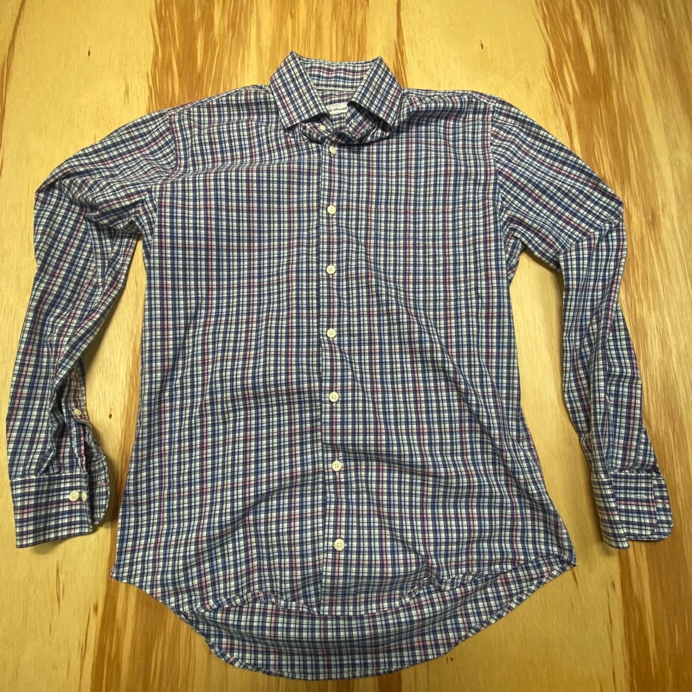 Peter Millar Mens Dress Shirt Long Sleeve Plaid Blue Pink Size‎ S/M